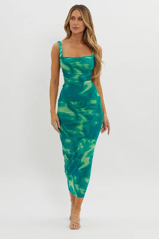 Midi dresses with cotton - blend materials for everyday comfort Dream Crush Lace-Up Back Side Split Maxi Dress Swirl Green Midi dresses with cotton - blend materials for everyday comfort Dream Crush Lace-Up Back Side Split Maxi Dress Swirl Green