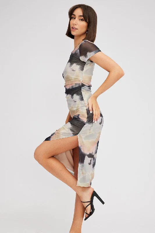 Midi dresses with one - shoulder designs for a modern and asymmetric style Brown Abstract Midi Dress Short Sleeve Bodycon Mesh