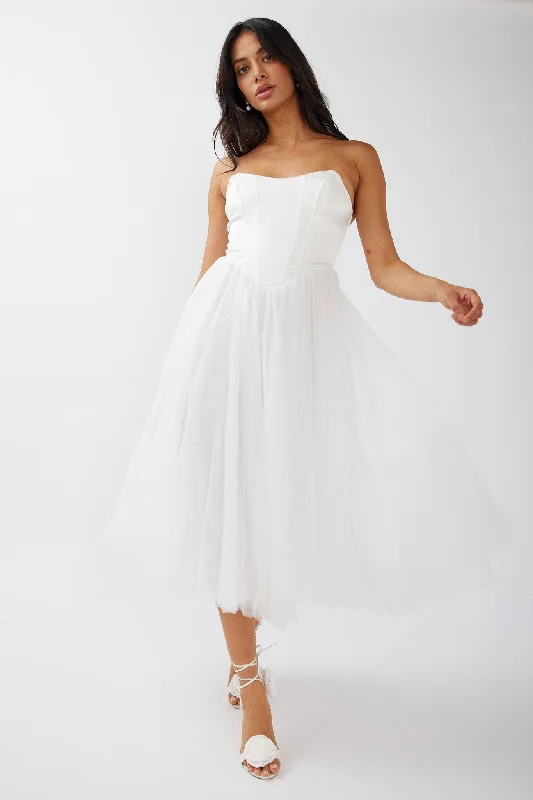Midi dresses with pom - pom trims for a playful and festive look Rosemary Tulle Bustier Midi Dress White Midi dresses with pom - pom trims for a playful and festive look Rosemary Tulle Bustier Midi Dress White