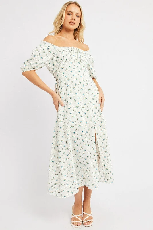 Wrap - style midi dresses in silk for a sophisticated office look White Ditsy Midi Dress Short Sleeve Side Split Wrap - style midi dresses in silk for a sophisticated office look White Ditsy Midi Dress Short Sleeve Side Split