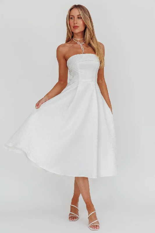 Midi dresses with gathered skirts for a full and flowing silhouette Worship Strapless A-Line Midi Dress White Midi dresses with gathered skirts for a full and flowing silhouette Worship Strapless A-Line Midi Dress White