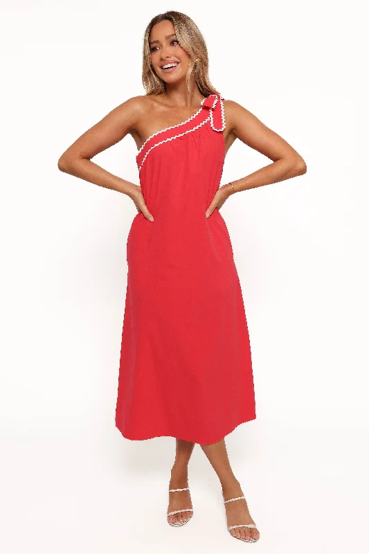 Midi dresses with geometric cutouts for a contemporary and edgy look Brynlee One Shoulder Midi Dress - Red/White Midi dresses with geometric cutouts for a contemporary and edgy look Brynlee One Shoulder Midi Dress - Red/White