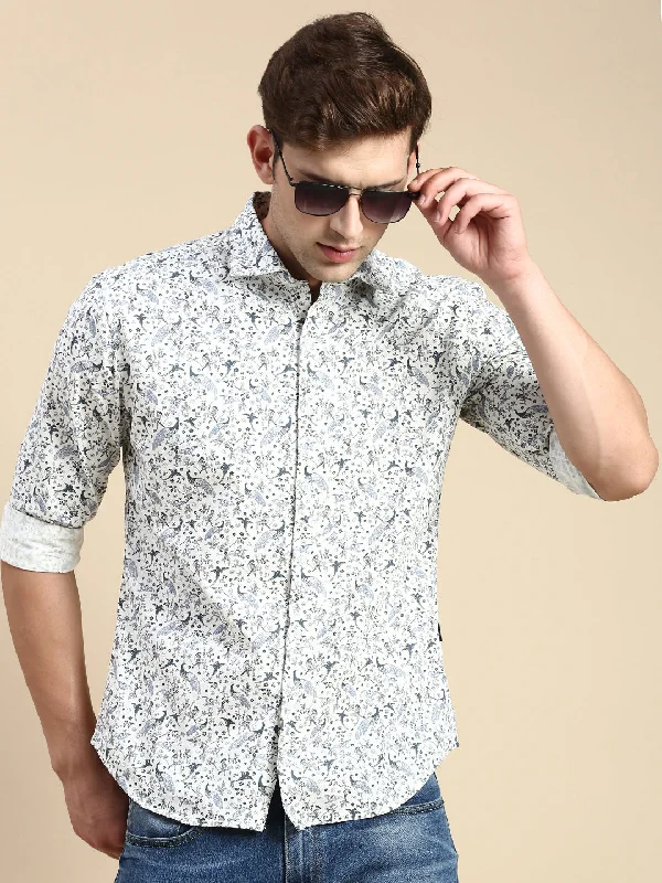 Men's Distressed Denim Casual Shirts with Frayed Edges for a Trendy and Rugged LookMen White Printed Casual Shirt Men's Distressed Denim Casual Shirts with Frayed Edges for a Trendy and Rugged LookMen White Printed Casual Shirt