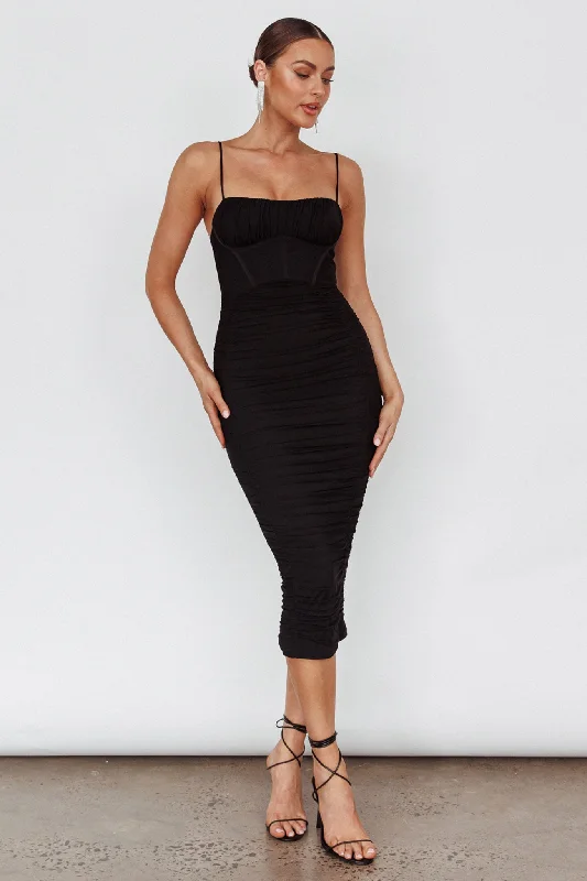 Midi dresses with satin - finish fabrics for a luxurious feel Malibu Sun Ruched Midi Dress Barbie Black Midi dresses with satin - finish fabrics for a luxurious feel Malibu Sun Ruched Midi Dress Barbie Black