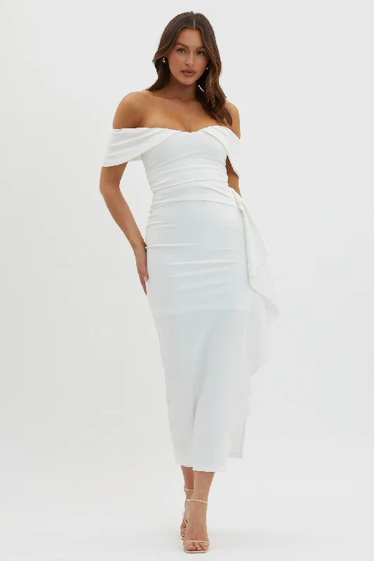 A - line midi dresses with floral prints for spring brunches Lillianne Off-Shoulder Side Ruffle Maxi Dress White A - line midi dresses with floral prints for spring brunches Lillianne Off-Shoulder Side Ruffle Maxi Dress White