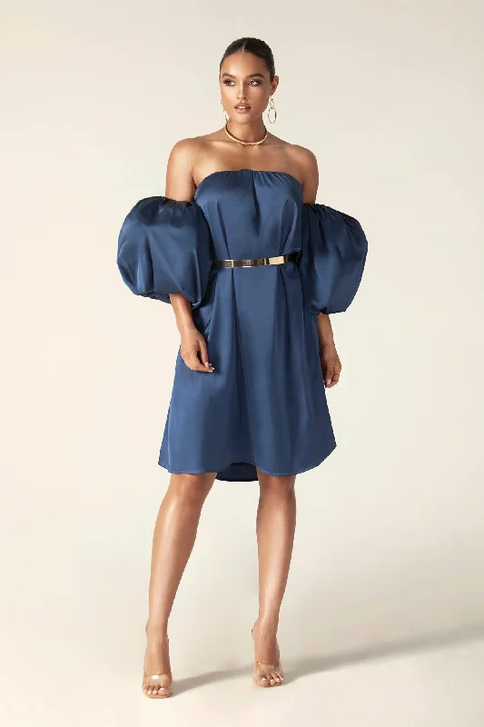 Midi dresses with bow accents for a sweet and charming look Ella Puff Sleeve Satin Midi Dress (Navy Blue)