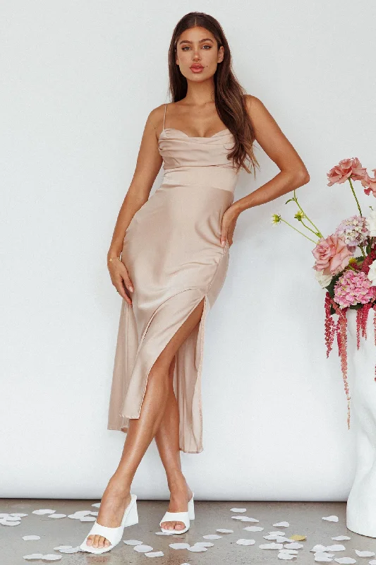 Midi dresses with patchwork patterns for a one - of - a - kind style Giorgette Side Split Midi Dress Champagne Midi dresses with patchwork patterns for a one - of - a - kind style Giorgette Side Split Midi Dress Champagne