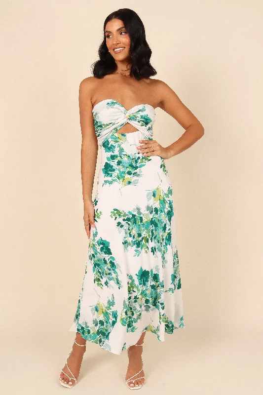 Midi dresses with off - the - shoulder necklines for a flirty look Teagan Strapless Midi Dress - Green Floral
