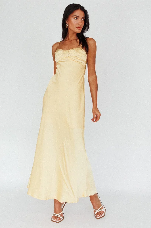 Midi dresses with wrap - around skirts for a customizable fit Siva Gathered Bust Midi Dress Yellow Midi dresses with wrap - around skirts for a customizable fit Siva Gathered Bust Midi Dress Yellow