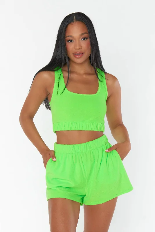 Men's moisture - wicking performance shorts for sweaty outdoor activitiesHendrix Shorts ~ Neon Green Terry Men's moisture - wicking performance shorts for sweaty outdoor activitiesHendrix Shorts ~ Neon Green Terry