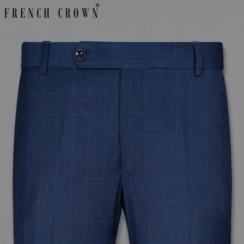 Bell - Bottom Style Women's Denim Pants with Embroidered DetailsBig Stone Blue Super fine Subtle Checkered Wool Rich Pant Bell - Bottom Style Women's Denim Pants with Embroidered DetailsBig Stone Blue Super fine Subtle Checkered Wool Rich Pant