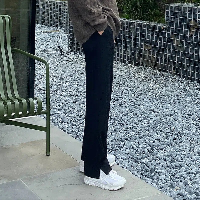 Cigarette Style Women's Printed Linen Blend Pants for Casual DaysBlack Side Slit Pleated Pants Cigarette Style Women's Printed Linen Blend Pants for Casual DaysBlack Side Slit Pleated Pants