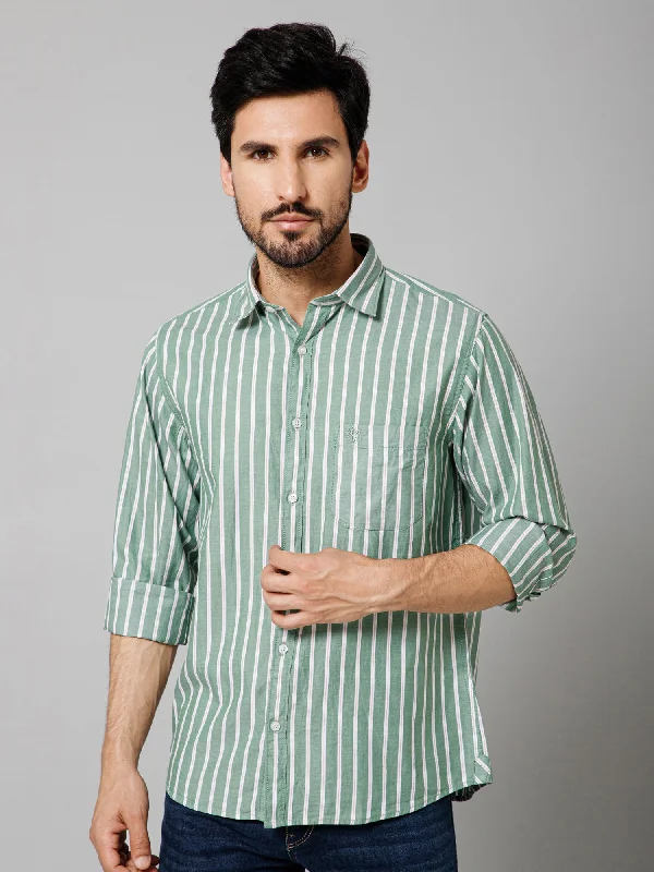 Men's Light Green Casual Narrow Stripe Full Sleeve Shirt