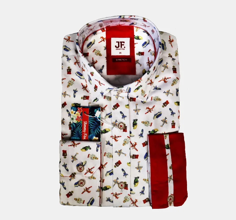 Women's roll - up sleeve long sleeve chambray shirtJF509A JIMMY FOX White Vintage Print Tailored Fit Long Sleeve Shirt