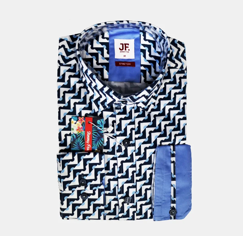 Women's convertible sleeve long sleeve twill shirtJF510A JIMMY FOX White Vintage Geometric Print Tailored Fit Long Sleeve Shirt Women's convertible sleeve long sleeve twill shirtJF510A JIMMY FOX White Vintage Geometric Print Tailored Fit Long Sleeve Shirt