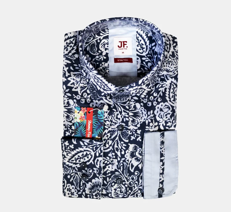 Women's applique long sleeve cotton shirtJF512A JIMMY FOX Blue Floral Print Tailored Fit Long Sleeve Shirt Women's applique long sleeve cotton shirtJF512A JIMMY FOX Blue Floral Print Tailored Fit Long Sleeve Shirt