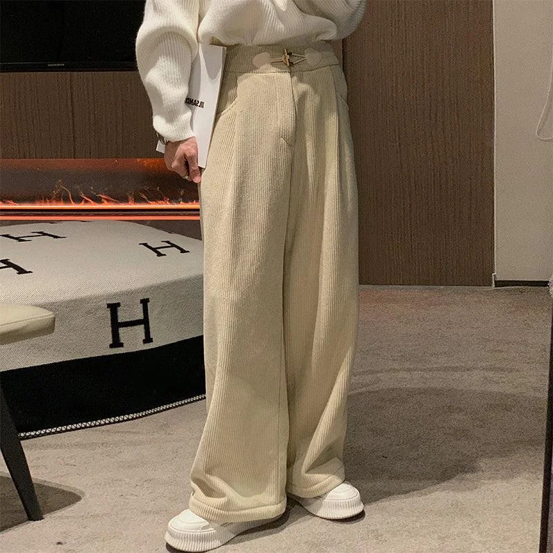 Tapered Leg Women's Wool Blend Trousers for WinterCorduroy Wide-Leg Pants