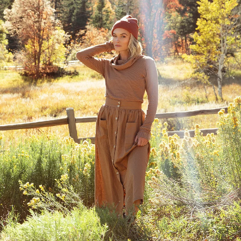 Cropped Women's Corduroy Pants in Autumn ColorsMaxi Button Skirt, Camel