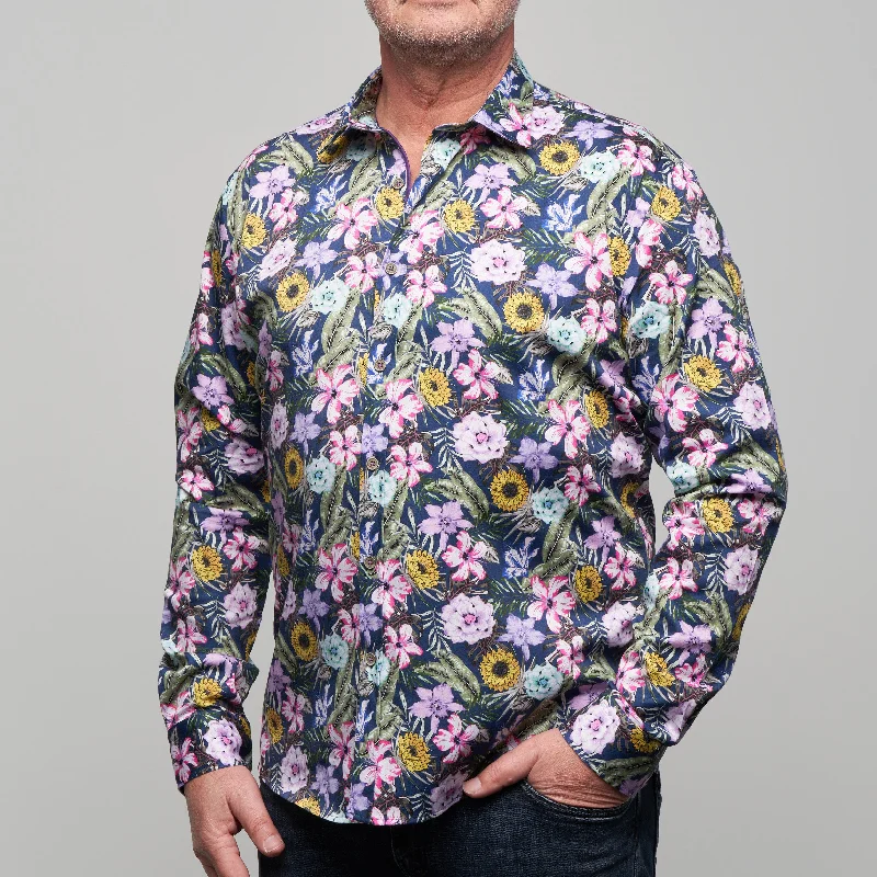 Women's black long sleeve silk button - down shirtJF2303 JIMMY FOX Coloured Floral Print Tailored Fit Long Sleeve Shirt Women's black long sleeve silk button - down shirtJF2303 JIMMY FOX Coloured Floral Print Tailored Fit Long Sleeve Shirt