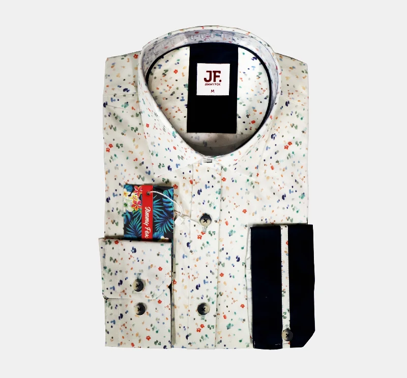 Women's business casual long sleeve printed shirtJF539A JIMMY FOX Beige Painter's Print Tailored Fit Long Sleeve Shirt