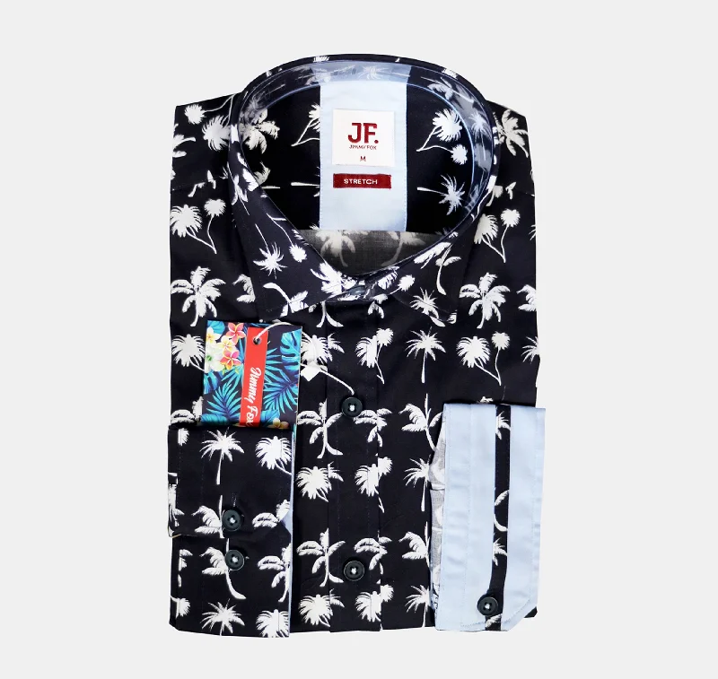 Women's tall long sleeve shirt with extra lengthJF527A JIMMY FOX Dark Navy Palm Print Tailored Fit Long Sleeve Shirt Women's tall long sleeve shirt with extra lengthJF527A JIMMY FOX Dark Navy Palm Print Tailored Fit Long Sleeve Shirt