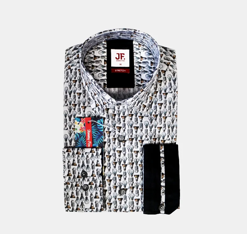 Women's dry - clean only long sleeve wool shirtJF525A JIMMY FOX White Vintage Light Bulbs Print Tailored Fit Long Sleeve Shirt Women's dry - clean only long sleeve wool shirtJF525A JIMMY FOX White Vintage Light Bulbs Print Tailored Fit Long Sleeve Shirt