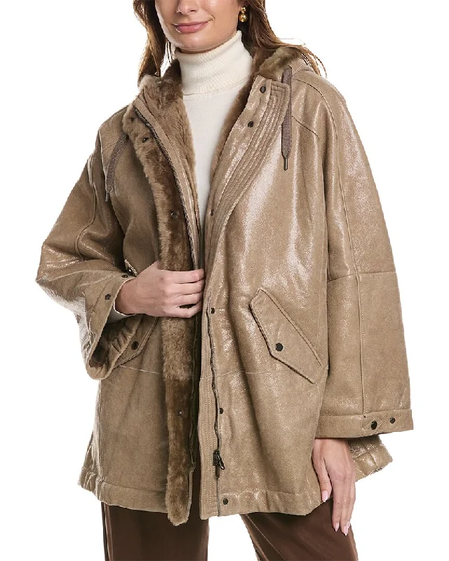 Double - Breasted Women's Leather Blazers in Taupe for an Edgy LookBrunello Cucinelli Sheepskin Jacket Double - Breasted Women's Leather Blazers in Taupe for an Edgy LookBrunello Cucinelli Sheepskin Jacket