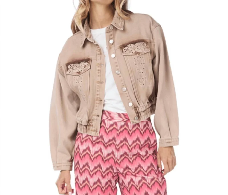 Water - resistant women's trench coats with adjustable cuffs for rainy daysEmbellished Jean Jacket In Dark Sand Water - resistant women's trench coats with adjustable cuffs for rainy daysEmbellished Jean Jacket In Dark Sand