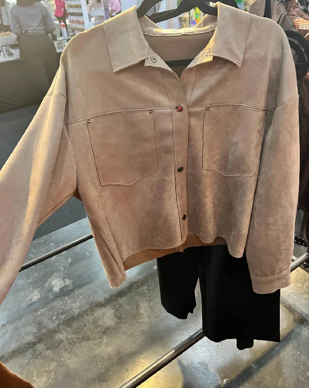 Embroidered women's cotton coats in a bohemian pattern for a unique designMushroom Suede Feel Jacket In Taupe Embroidered women's cotton coats in a bohemian pattern for a unique designMushroom Suede Feel Jacket In Taupe