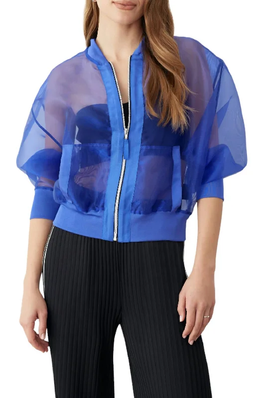 Women's knee - length wool blend coats with a fur collar for added warmthSheer Bomber Jacket In Blue Women's knee - length wool blend coats with a fur collar for added warmthSheer Bomber Jacket In Blue