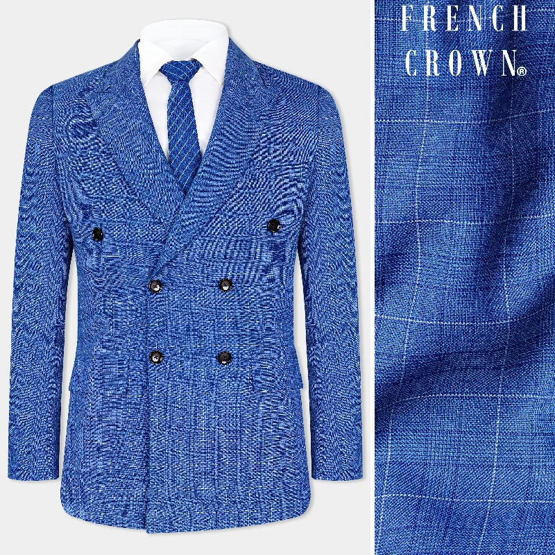 Cobalt Blue Checkered Wool Rich Double Breasted Blazer