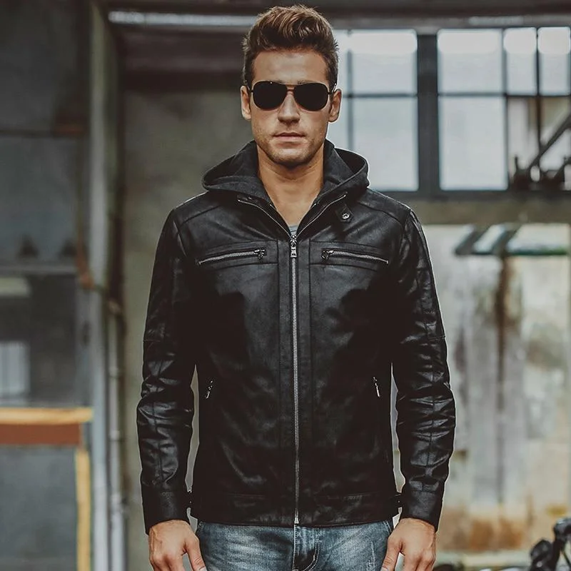 Lightweight men jackets made from recycled nylon for eco - friendly travelMen's Double Closure Leather Motorcycle Jacket with Removable Hooded Hat Lightweight men jackets made from recycled nylon for eco - friendly travelMen's Double Closure Leather Motorcycle Jacket with Removable Hooded Hat