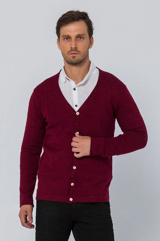 long length women cardigan with side slitsClassic V-neck Button Front Knit Shirt - Burgundy long length women cardigan with side slitsClassic V-neck Button Front Knit Shirt - Burgundy