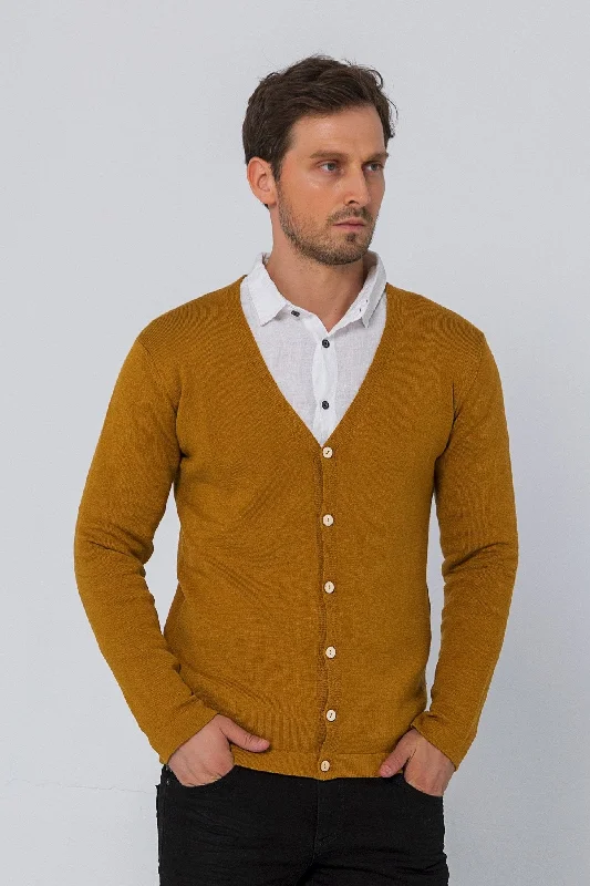 v neck women cardigan to elongate the necklineClassic V-neck Button Front Knit Shirt - Mustard v neck women cardigan to elongate the necklineClassic V-neck Button Front Knit Shirt - Mustard