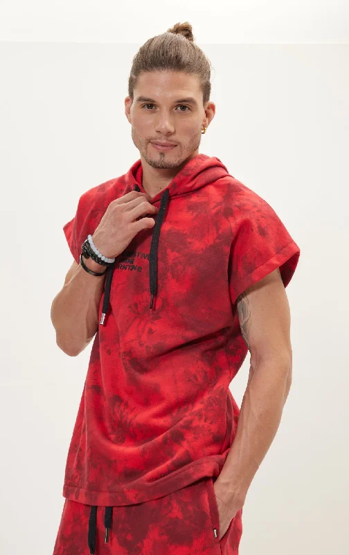 plus size women cardigan for comfortable layeringCut Off Tie-Dye Hoodie - Red