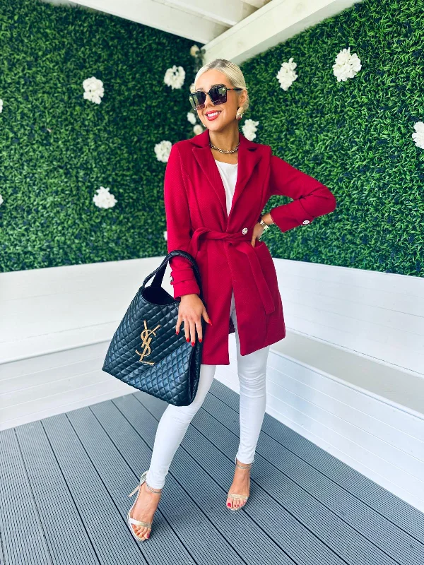 Women's cropped leather coats with silver studs for an edgy lookAnna Belted Coat Ruby Women's cropped leather coats with silver studs for an edgy lookAnna Belted Coat Ruby