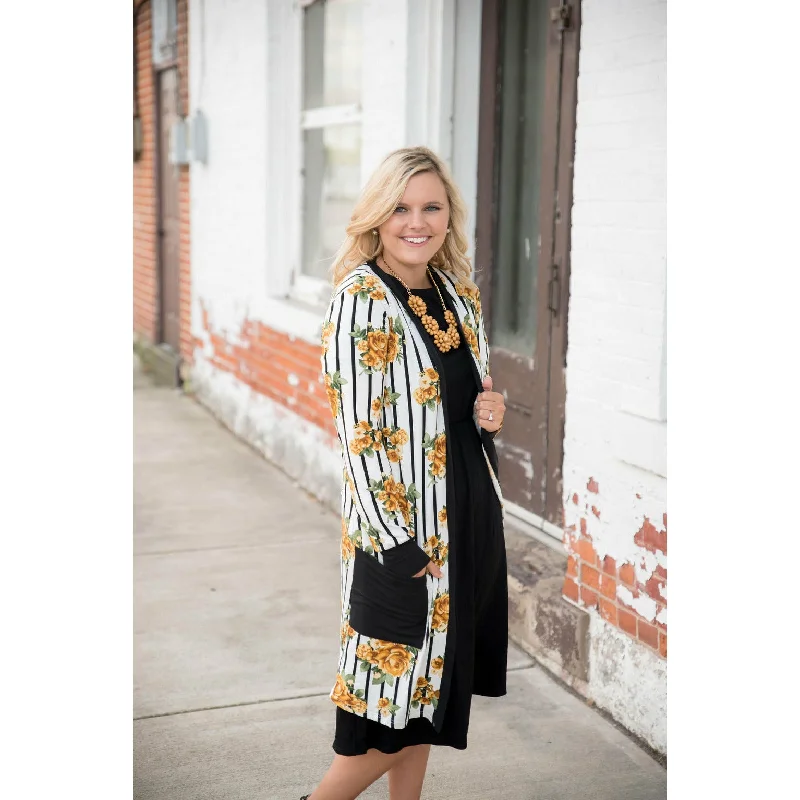 machine washable women cardigan for easy careBlack Floral Striped Cardigan
