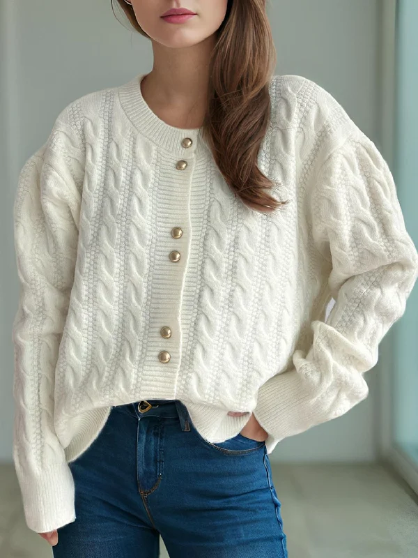 button down women cardigan with vintage buttonsCable-Knit Round Neck Long Sleeve Cardigan button down women cardigan with vintage buttonsCable-Knit Round Neck Long Sleeve Cardigan