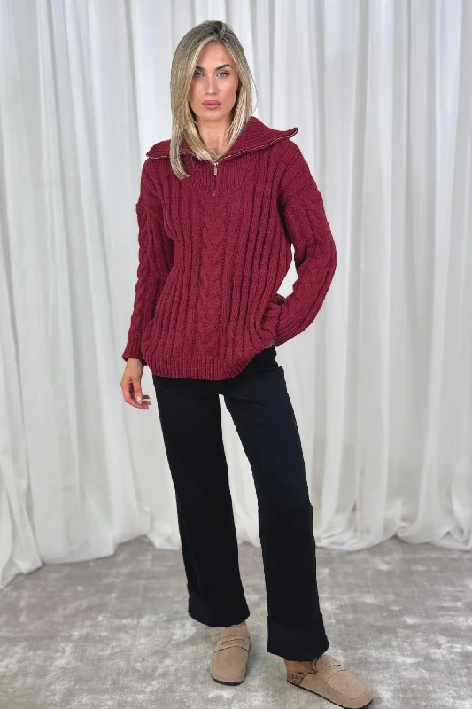 organic cotton women cardigan for an eco - friendly choiceCaitlyn Half Zip Knit Jumper In Burgundy organic cotton women cardigan for an eco - friendly choiceCaitlyn Half Zip Knit Jumper In Burgundy