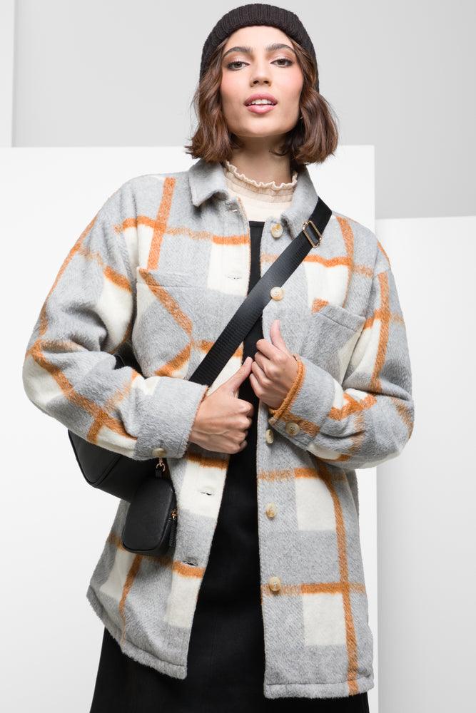 Hooded women's puffer coats in neon colors for high - visibility sportsCheck Shacket Grey Hooded women's puffer coats in neon colors for high - visibility sportsCheck Shacket Grey