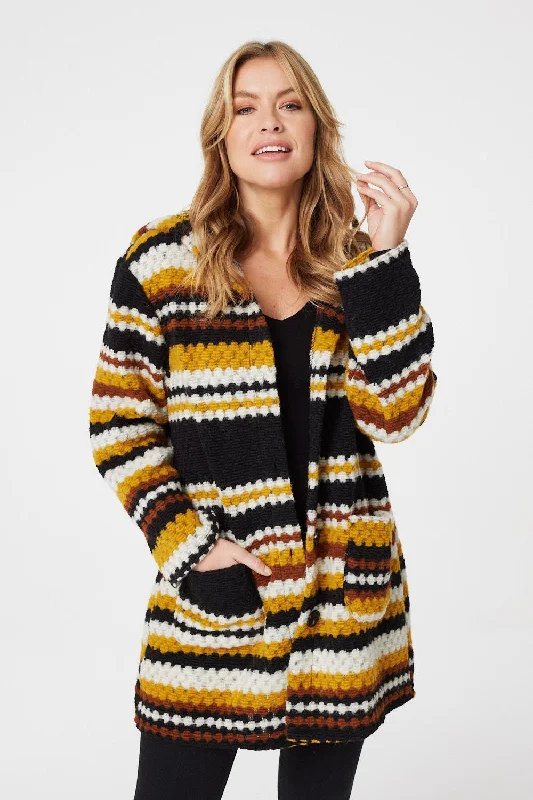 Mid - length women's down coats in a slim fit for a modern and sleek appearanceStriped Button Front Coat Mid - length women's down coats in a slim fit for a modern and sleek appearanceStriped Button Front Coat