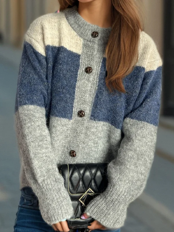 floral print women cardigan for a feminine touchColor Block Round Neck Button Up Cardigan