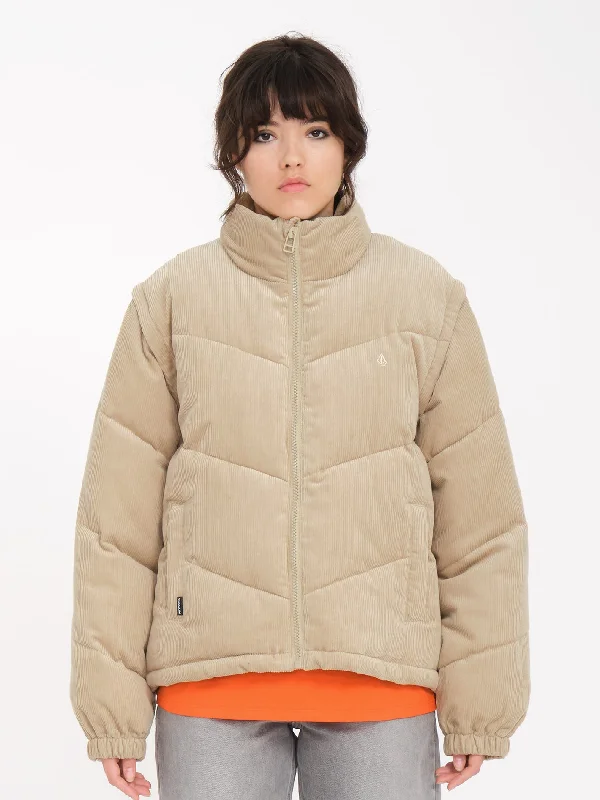 Women's pea coats with brass buttons for a nautical - inspired styleCord'N Puff Jacket - KHAKI Women's pea coats with brass buttons for a nautical - inspired styleCord'N Puff Jacket - KHAKI