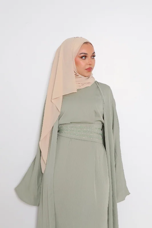 hand knitted women cardigan with artisanal charmNia Textured Corset Abaya Set- Light Sage Green hand knitted women cardigan with artisanal charmNia Textured Corset Abaya Set- Light Sage Green