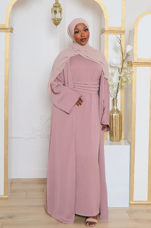 floral print women cardigan for a feminine touchNia Textured Corset Abaya Set- Rose Pink floral print women cardigan for a feminine touchNia Textured Corset Abaya Set- Rose Pink