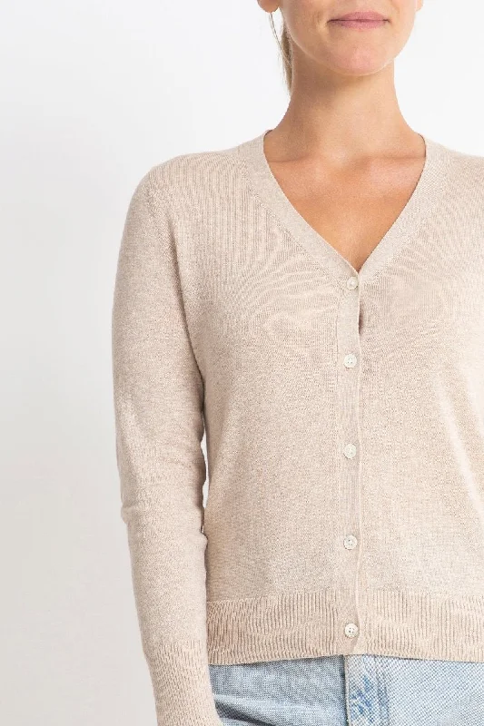 open front women cardigan for easy stylingCotton + Cashmere Superfine V Cardigan in Pale Marle Beige open front women cardigan for easy stylingCotton + Cashmere Superfine V Cardigan in Pale Marle Beige