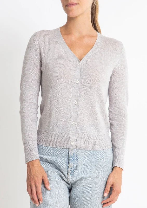 long length women cardigan with side slitsCotton + Cashmere Superfine V Cardigan in Silver Marle long length women cardigan with side slitsCotton + Cashmere Superfine V Cardigan in Silver Marle