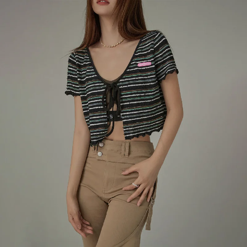 button down women cardigan with vintage buttonsStriped Ribbon Sort Sleeve Cardigan