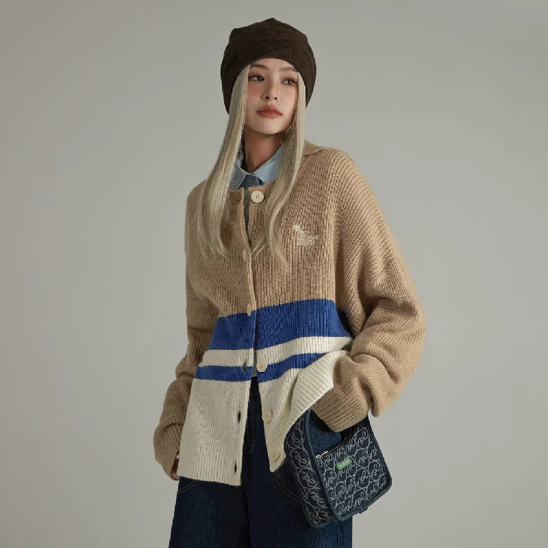 v neck women cardigan to elongate the necklineContrast Stripes Knit Button Cardigan