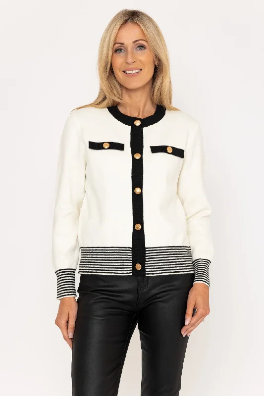 long length women cardigan with side slitsEcru & Black Contrast Cardigan
